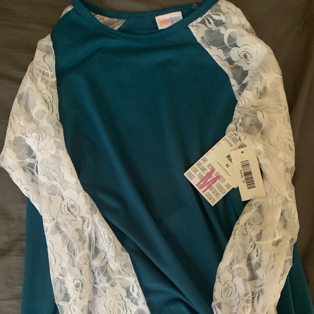 LuLaRoe Teal Blouse with White Lace Sleeves